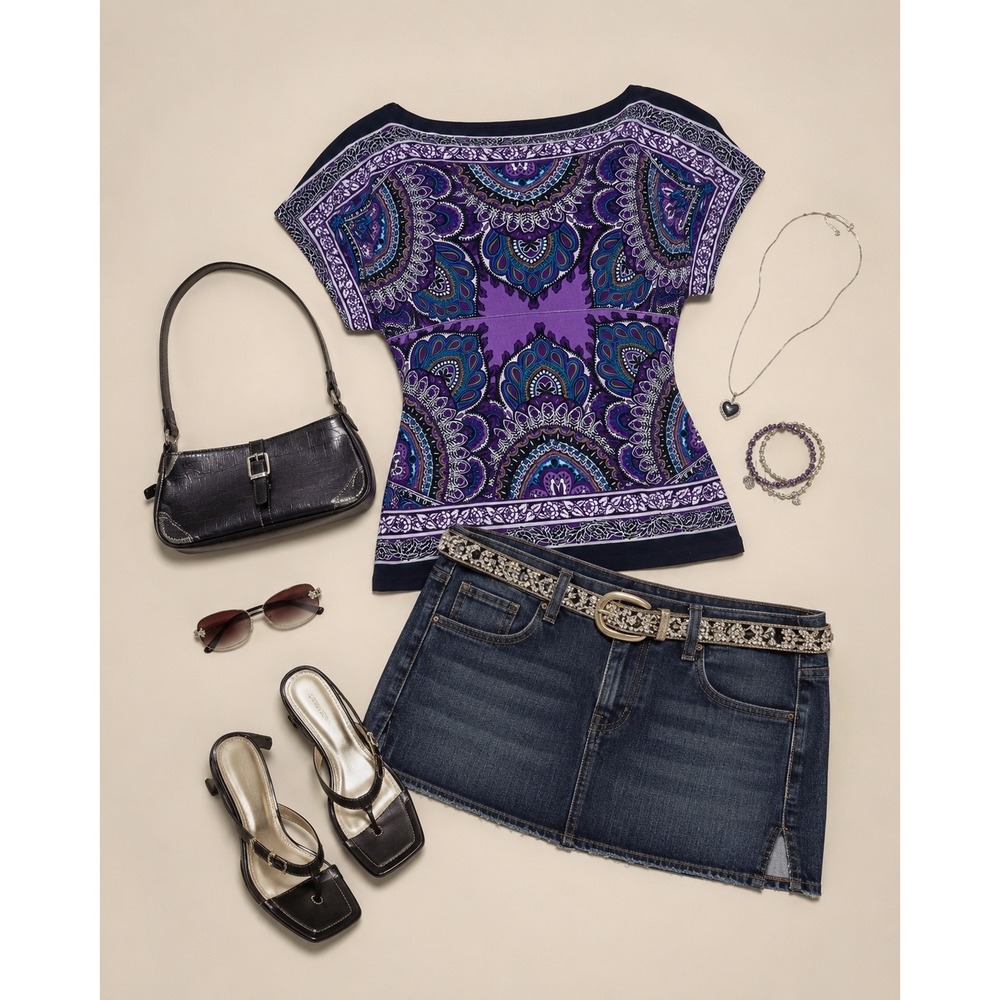 Vintage Y2K Cache Purple Paisley Medallion Boat Neck Dolman Sleeve Top Size XS - Picture 2 of 9
